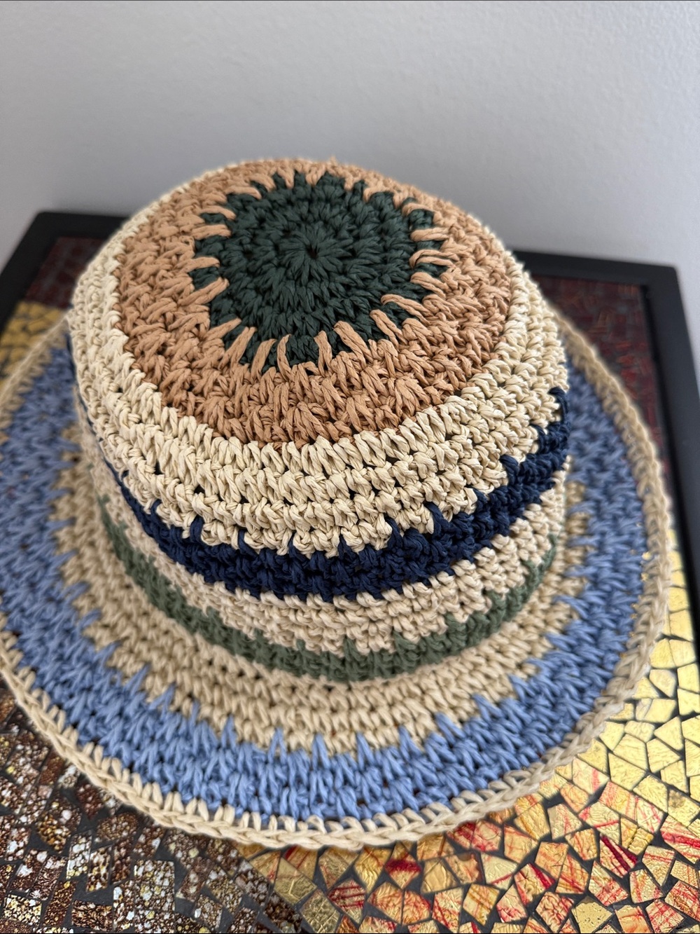 Sonoma Crocheted Multicolor Straw Sun Hat — Blue, Cream, Tan, Green, Navy